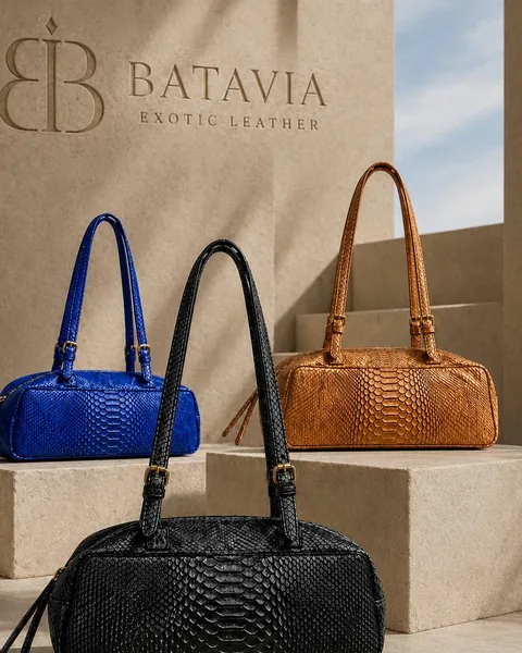 Three Batavia Majapahit python leather shoulder bags in blue, tan and black