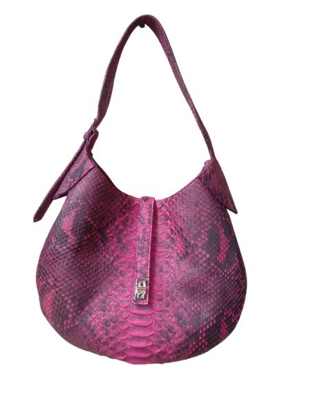 Fuchsia pink python leather shoulder bag with clasp hardware