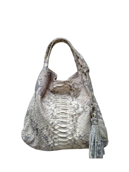 Natural python leather hobo bag with tassel — CITES-certified, handcrafted Indonesia