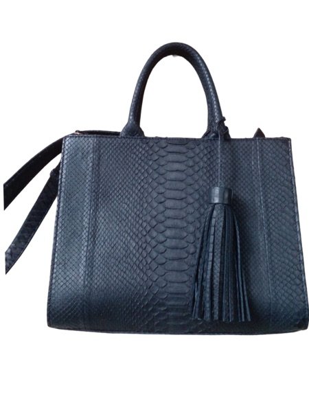 Midnight navy python leather structured tote bag with tassel hardware