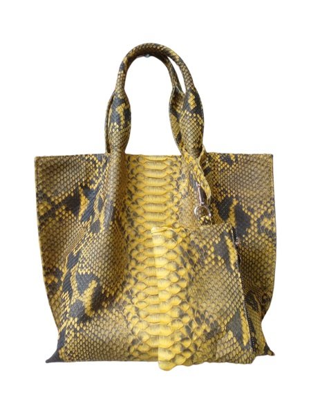 Saffron yellow python leather tote bag with matching mini pouch set